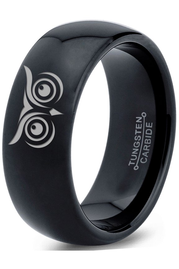 Tungsten Owl Wide Open Eyes Staring Band Ring 8mm Men Women Comfort Fit Black Dome Polished