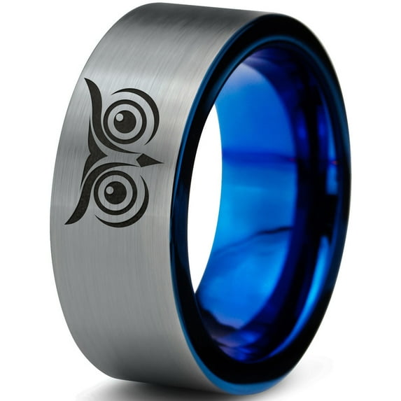 Tungsten Owl Wide Open Eyes Staring Band Ring 8mm Men Women Comfort Fit Blue Flat Cut Brushed Gray Polished