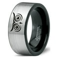 thumbnail image 1 of Tungsten Owl Wide Open Eyes Staring Band Ring 8mm Men Women Comfort Fit Brushed Gray Flat Cut Black Polished, 1 of 4