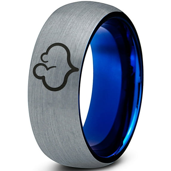 Tungsten Partner Love Pregnancy Heart Band Ring 8mm Men Women Comfort Fit Blue Dome Brushed Gray Polished
