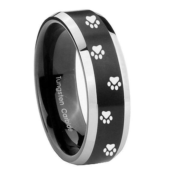 Tungsten Paw Print Design 8mm Brushed Black 2 Tone Beveled Edges Men Ring