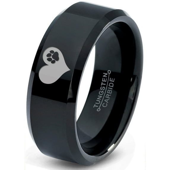Tungsten Paw Print Heart Shaped Band Ring 8mm Men Women Comfort Fit Black Beveled Edge Polished
