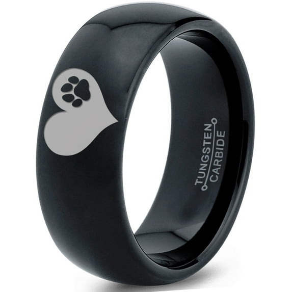 Tungsten Paw Print Heart Shaped Band Ring 8mm Men Women Comfort Fit Black Dome Polished