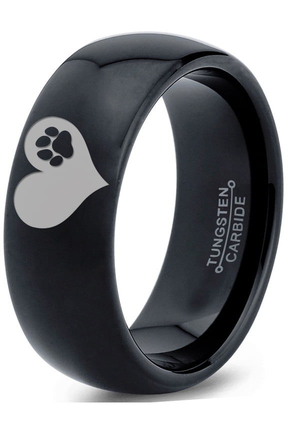 Tungsten Paw Print Heart Shaped Band Ring 8mm Men Women Comfort Fit Black Dome Polished