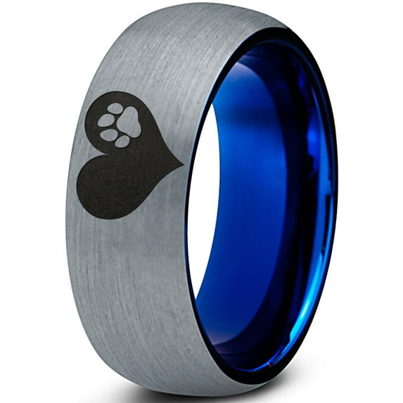 Tungsten Paw Print Heart Shaped Band Ring 8mm Men Women Comfort Fit Blue Dome Brushed Gray Polished