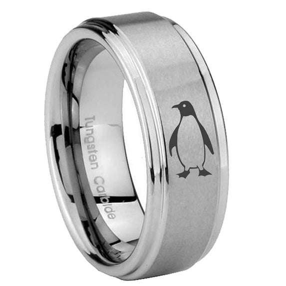 Tungsten Penguin 8mm Brushed Gray Step Edges Men Ring