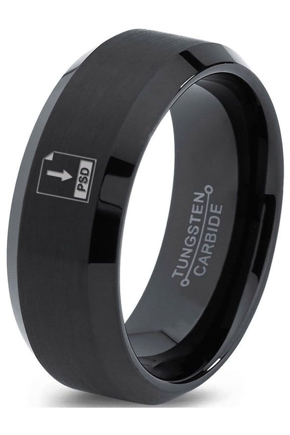 Tungsten Photoshop PSD File Band Ring 8mm Men Women Comfort Fit Black Beveled Edge Brushed Polished