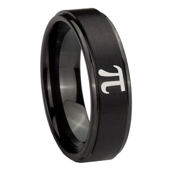Tungsten Pi Symbol 8mm Brushed Black Polished Step Edges Men Ring