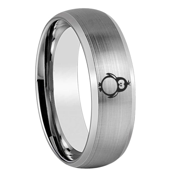 Tungsten Pinguin Design 8mm Brushed Gray Dome Polished Edges Men Ring
