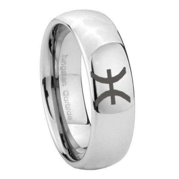 Tungsten Pisces Zodiac 8mm Mirror Gray Polished Dome Men Ring
