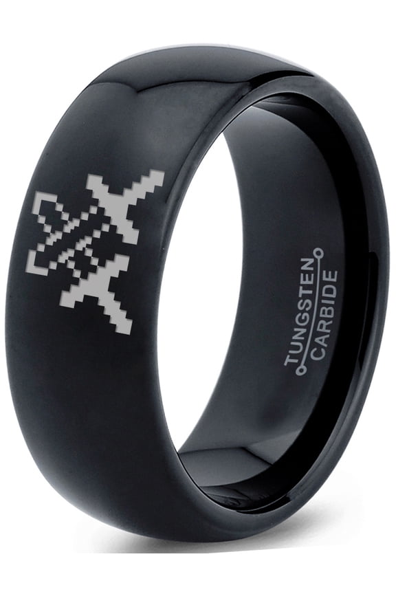 Tungsten Pixelated Swords Crossed Band Ring 8mm Men Women Comfort Fit Black Dome Polished