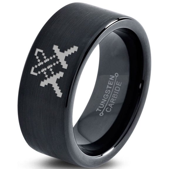 Tungsten Pixelated Swords Crossed Band Ring 9mm Men Women Comfort Fit Black Flat Cut Brushed Polished