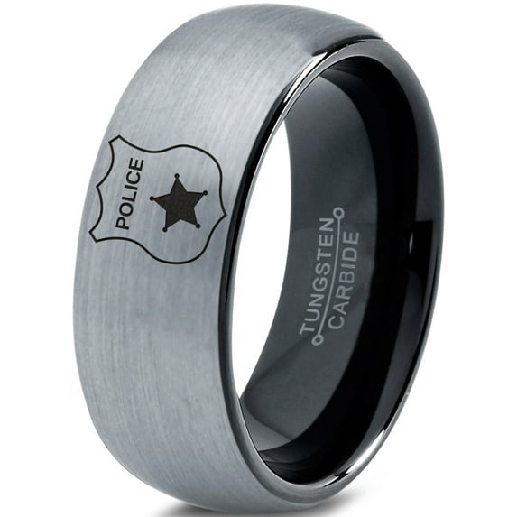 Tungsten Police Cop Authority Crest Badge Band Ring 8mm Men Women Comfort Fit Black Dome Brushed Gray Polished