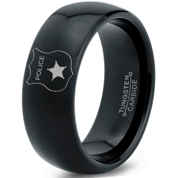 Tungsten Police Cop Authority Crest Badge Band Ring 8mm Men Women Comfort Fit Black Dome Polished
