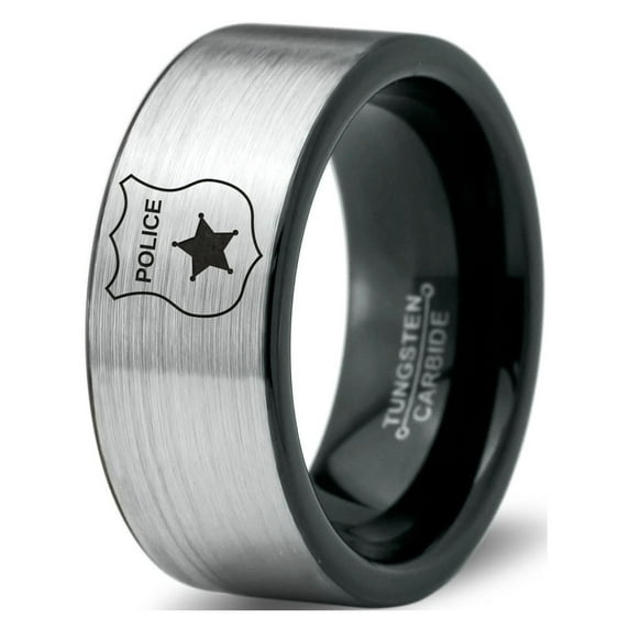 Tungsten Police Cop Authority Crest Badge Band Ring 8mm Men Women Comfort Fit Brushed Gray Flat Cut Black Polished