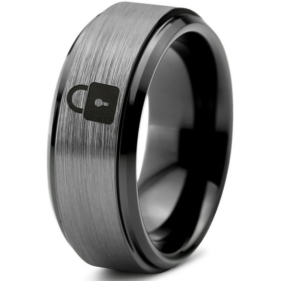 Tungsten Privacy Padlock Lock Band Ring 8mm Men Women Comfort Fit Black Step Bevel Edge Brushed Gray Polished
