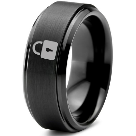 Tungsten Privacy Padlock Lock Band Ring 8mm Men Women Comfort Fit Black Step Bevel Edge Brushed Polished