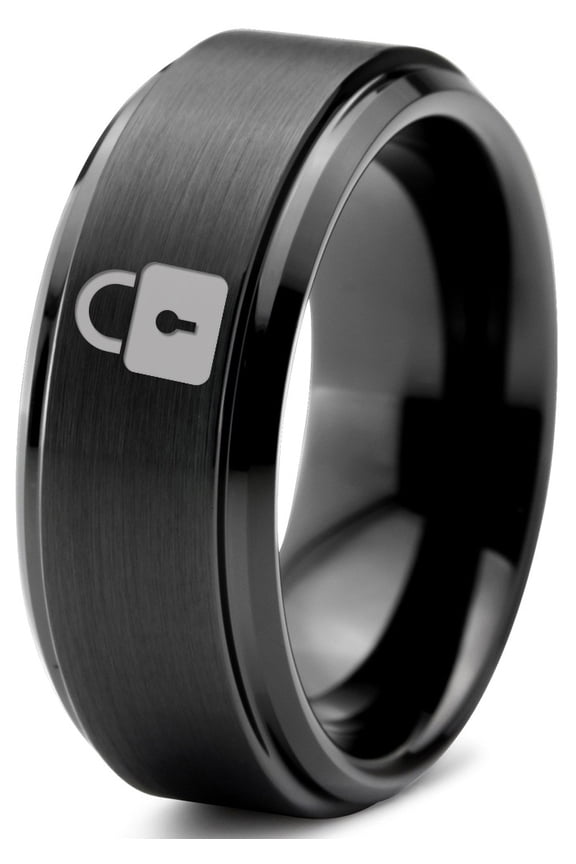 Tungsten Privacy Padlock Lock Band Ring 8mm Men Women Comfort Fit Black Step Bevel Edge Brushed Polished