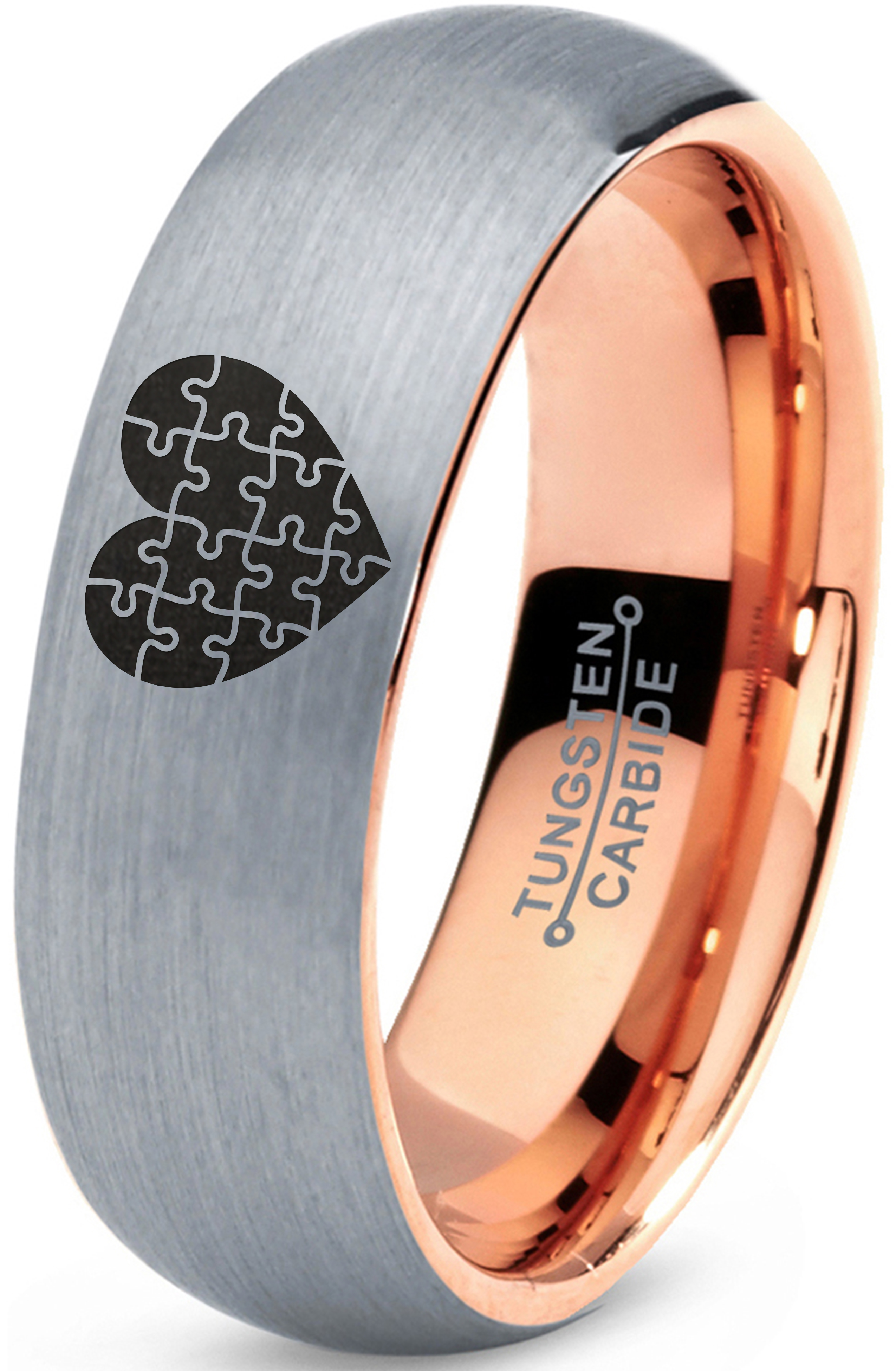 Tungsten Puzzle Heart Band Ring 7mm Men Women Comfort Fit 18k Rose