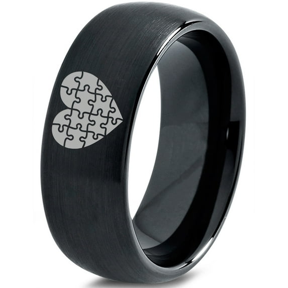 Tungsten Puzzle Heart Band Ring 8mm Men Women Comfort Fit Black Dome Brushed Polished