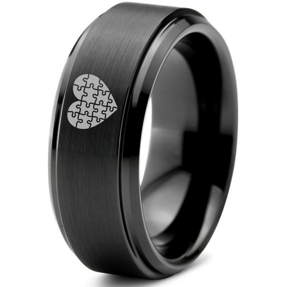 Tungsten Puzzle Heart Band Ring 8mm Men Women Comfort Fit Black Step Bevel Edge Brushed Polished