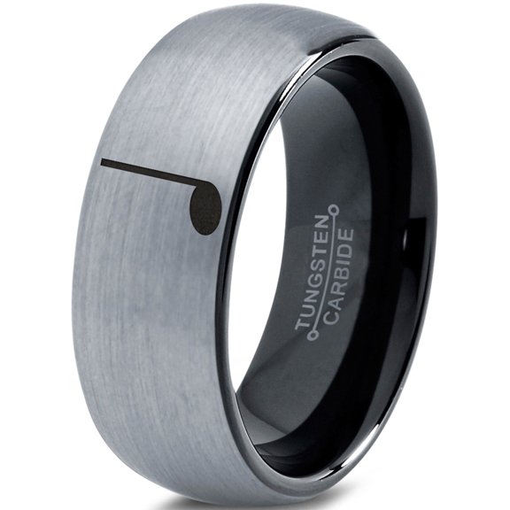 Tungsten Quarter Note Music Band Ring 8mm Men Women Comfort Fit Black Dome Brushed Gray Polished