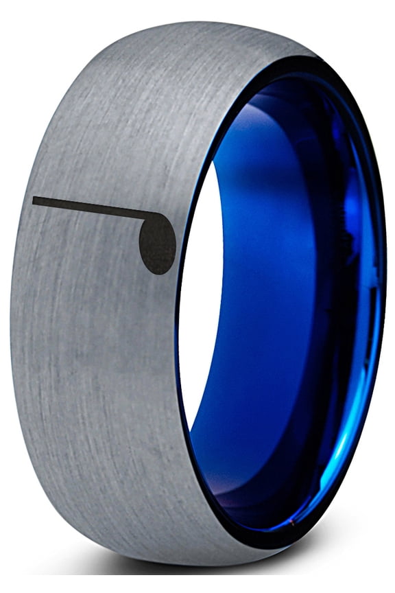 Tungsten Quarter Note Music Band Ring 8mm Men Women Comfort Fit Blue Dome Brushed Gray Polished