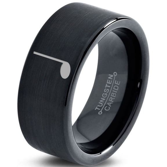 Tungsten Quarter Note Music Band Ring 9mm Men Women Comfort Fit Black Flat Cut Brushed Polished