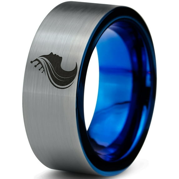 Tungsten Queen Princess Royalty Crown Monarch Band Ring 8mm Men Women Comfort Fit Blue Flat Cut Brushed Gray Polished