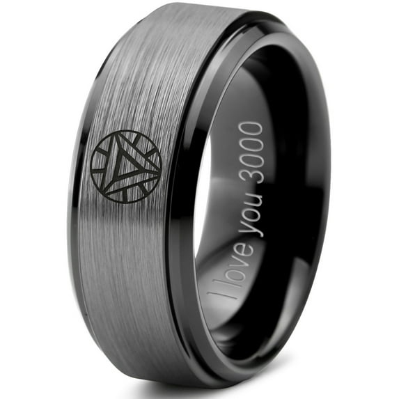 Tungsten Quote I Love You 3000 Engraved Band Ring 8mm Men Women Comfort Fit Black Step Bevel Edge Brushed Gray Polished