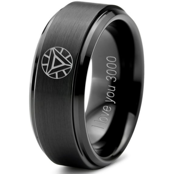 Tungsten Quote I Love You 3000 Engraved Band Ring 8mm Men Women Comfort Fit Black Step Bevel Edge Brushed Polished
