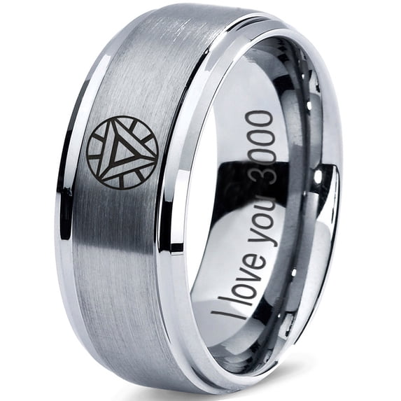 Tungsten Quote I Love You 3000 Engraved Band Ring 8mm Men Women Comfort Fit Gray Step Bevel Edge Brushed Polished
