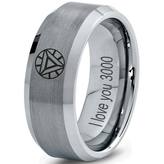 Tungsten Quote I Love You 3000 Engraved Band Ring 8mm Men Women Comfort Fit Gray Step Bevel Edge Brushed Polished