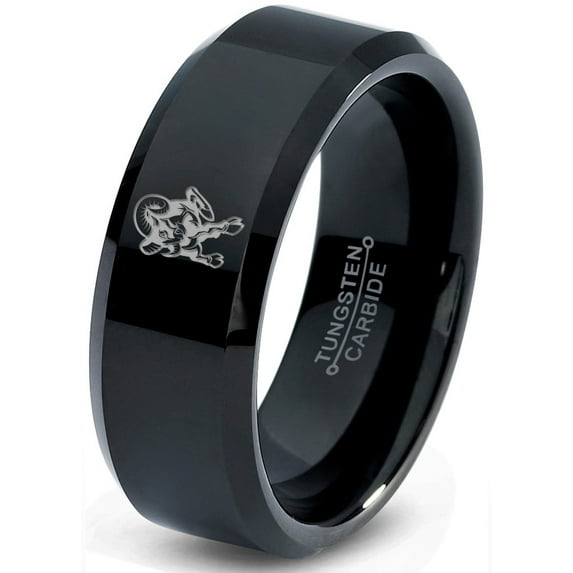 Tungsten Ram Rams Sheep Goat Band Ring 8mm Men Women Comfort Fit Black Beveled Edge Polished