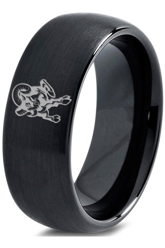 Tungsten Ram Rams Sheep Goat Band Ring 8mm Men Women Comfort Fit Black Dome Brushed Polished