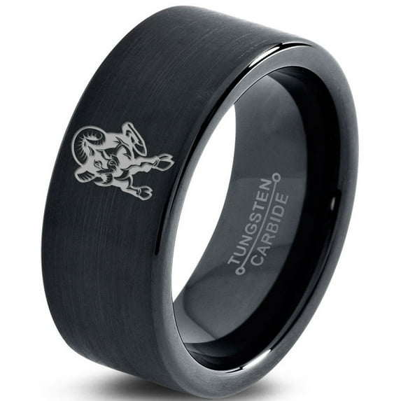 Tungsten Ram Rams Sheep Goat Band Ring 9mm Men Women Comfort Fit Black Flat Cut Brushed Polished
