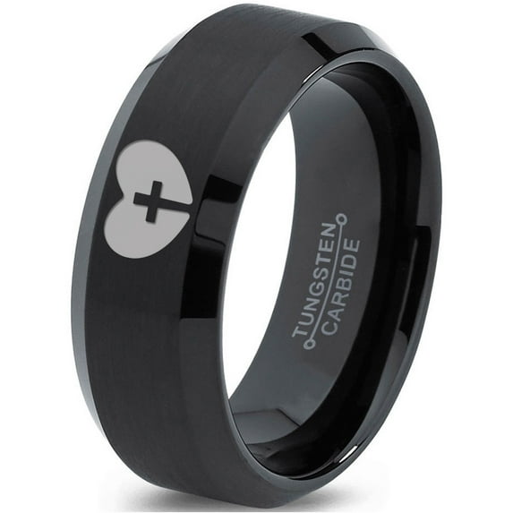 Tungsten Religious Cross Heart Love Band Ring 8mm Men Women Comfort Fit Black Beveled Edge Brushed Polished