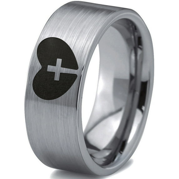 Tungsten Religious Cross Heart Love Band Ring 8mm Men Women Comfort Fit Gray Flat Cut Brushed Polished
