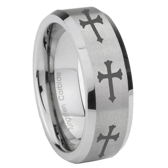 Tungsten Religious Faith Cross 8mm Glossy Brushed Gray Beveled Edges Men Ring