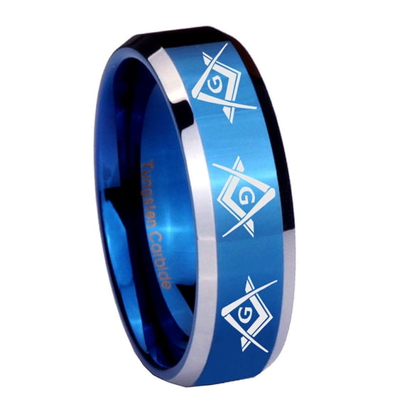 Tungsten Revere Masonic 8mm Glossy Blue Two Tone Polished Beveled Edges Men Ring