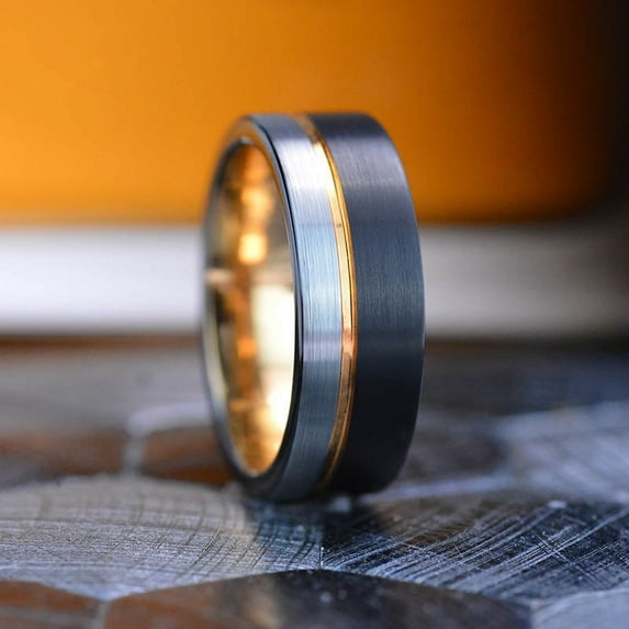 Tungsten Ring Black And Silver Brushed With Rose Gold Accent, Men's Ring, Men's Wedding Band, Dual Color Men's Band, Birthday Gift, Size 10