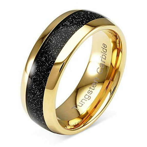 Tungsten Ring for Men Wedding Band Black Sandstone Inlaid Gold Dome Size 6-16 (Tungsten, 9)