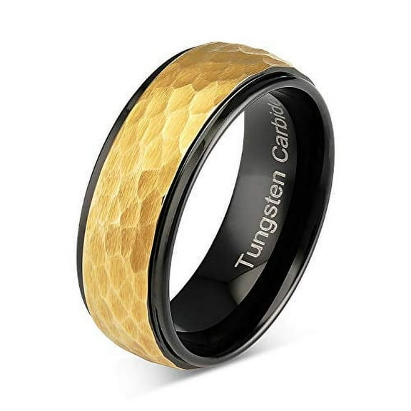 Tungsten Ring for Men Wedding Band Two Tone Black Gold Hammer Forged Size 6-16 (Tungsten, 7)