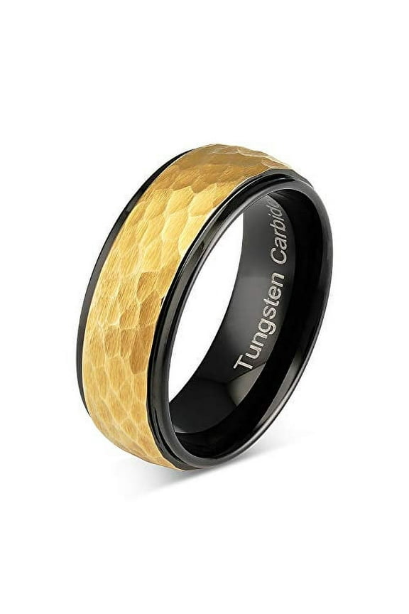 Tungsten Ring for Men Wedding Band Two Tone Black Gold Hammer Forged Size 6-16 (Tungsten, 9)