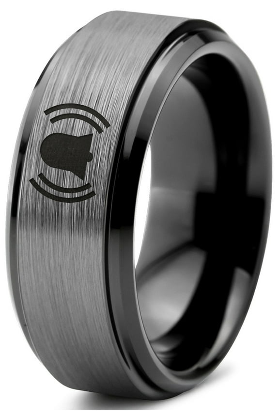 Tungsten Ringing Notification Bell Emoji Band Ring 8mm Men Women Comfort Fit Black Step Bevel Edge Brushed Gray Polished