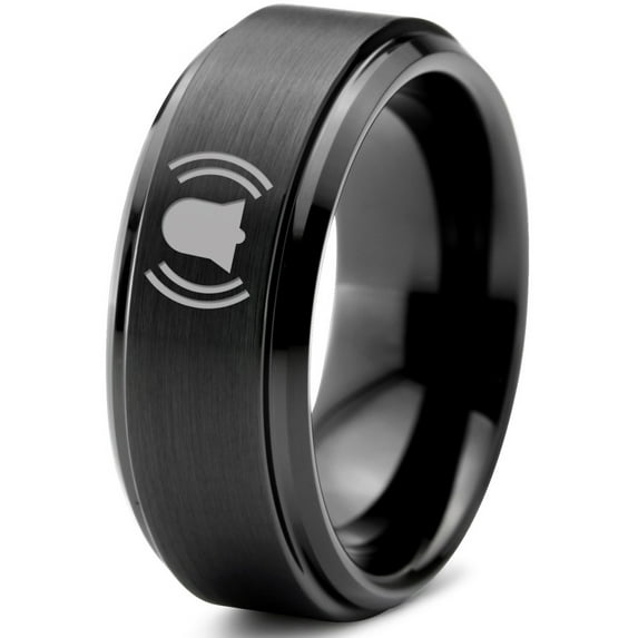 Tungsten Ringing Notification Bell Emoji Band Ring 8mm Men Women Comfort Fit Black Step Bevel Edge Brushed Polished