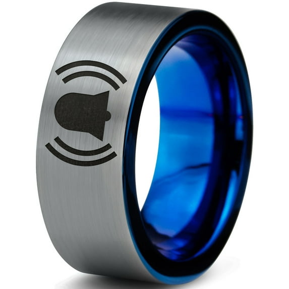 Tungsten Ringing Notification Bell Emoji Band Ring 8mm Men Women Comfort Fit Blue Flat Cut Brushed Gray Polished