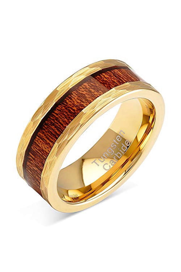 Tungsten Rings For Men Women Wedding Band Gold Hammered Edge Wood Inlaid Sizes 8-15