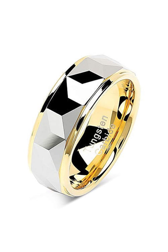 Tungsten Rings For Men Women Wedding Band Polished Facet Cut Gold Step Edge Sizes 6-16 (Tungsten, 14)