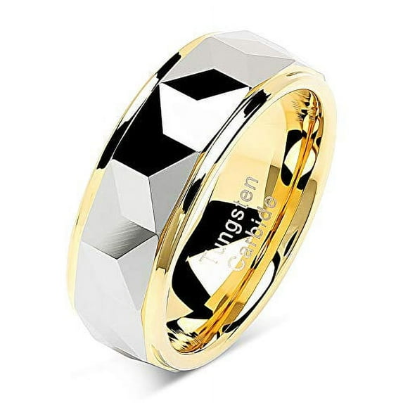 Tungsten Rings For Men Women Wedding Band Polished Facet Cut Gold Step Edge Sizes 6-16 (Tungsten, 7)